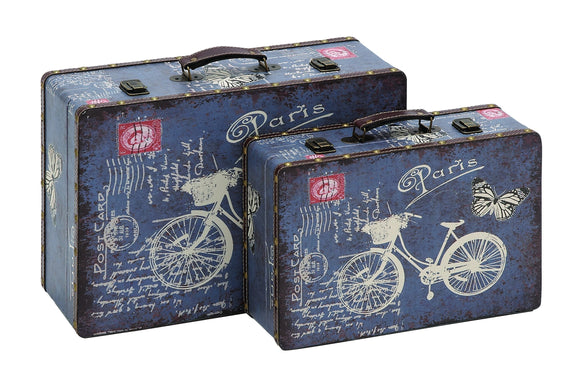 Set of two wooden vinyl printed vintage suitcases