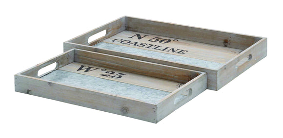 Spacious Rectangular Shaped Wooden Metal Tray (Set of 2)