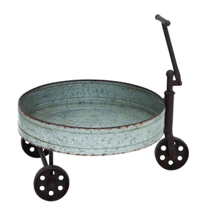 Tin Barrel Cart With Iron Handle and Wheels