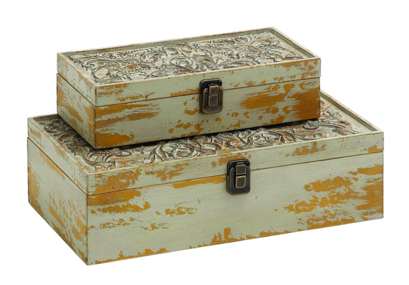 Elegant Set of Two Wooden Carved Classy Storage Boxes