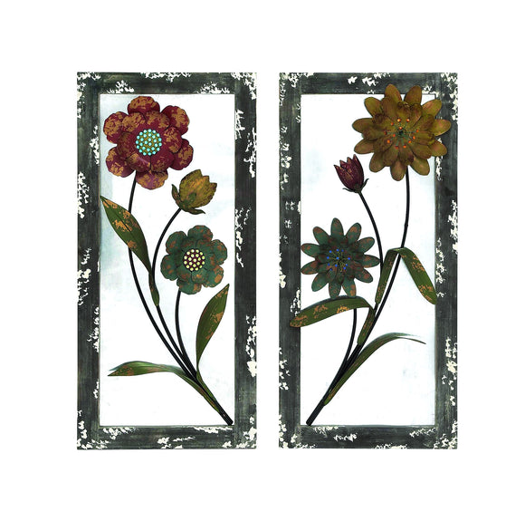 Set of Two Assorted Metal Floral Art with Wooden Frame Wall Décor