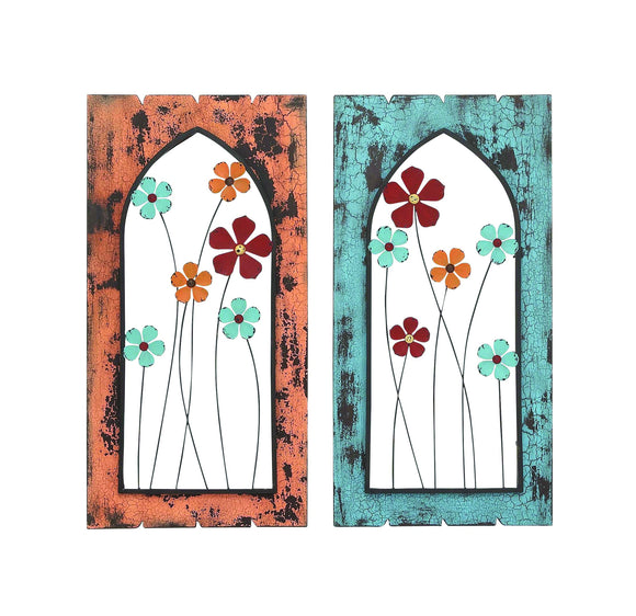 Assorted Set of Two Metal Floral Art with Wooden Frame Wall Décor