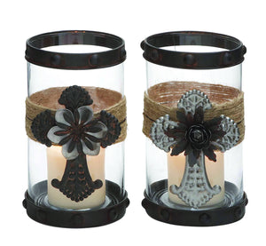 Set of Two Metal Glass Elegant Jute Candle Holders