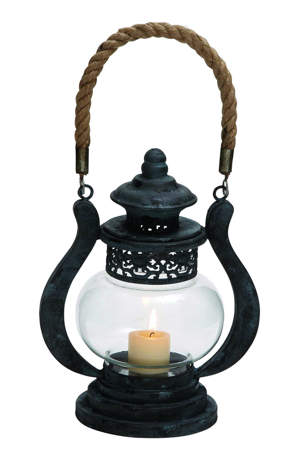 Curvy Zap Black Polished Metal Glass Jute Lantern