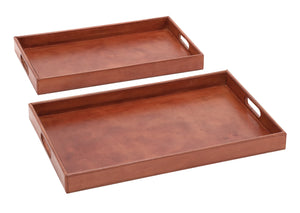 Simply Charming Set of 2 Wood Real Leather Tray