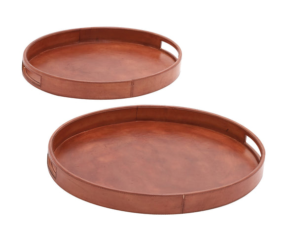 The Lovely Set of 2 Wood Real Leather Oval Tray