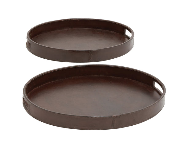 Serve Set of 2 Wood Real Leather Oval Tray