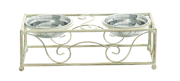 White Metal Frame and Steel Bowls Pet Feeder