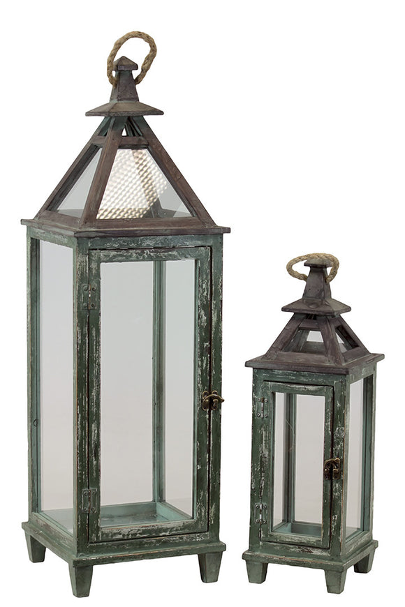 Traditional Wooden Lantern (Green) Set of Two with Ethnic Design