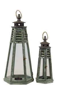 Exquisite Persian Style Wooden Lantern Set of Two in Green Color