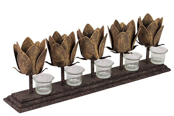 Five Candle Holder and Five Beautiful Metal Lotuses on a Rectangular Metal Plaque