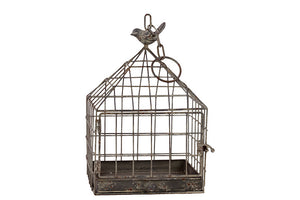 Wire Mesh Metal Bird Cage with Metal Bird Figurine on Top with Chain Attached in Gray