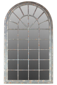 Traditional Arch Shaped Metal Mirror in Gray Featuring Glass and Panel Design