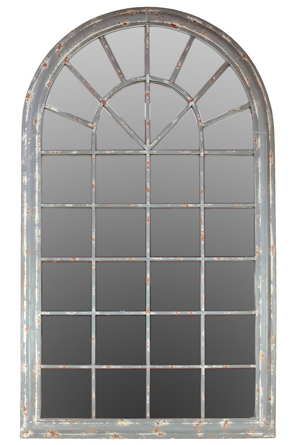 Traditional Arch Shaped Metal Mirror in Gray Featuring Glass and Panel Design