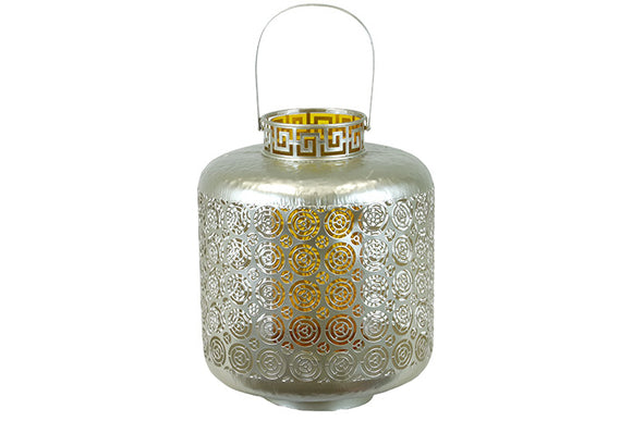 Designed with Exquisite and Beautifully Cut Pattern Metal Lantern with Amber Glass (Large)