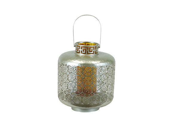 Designed with Exquisite and Beautifully Cut Pattern Metal Lantern with Amber Glass (Small)