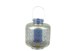 Designed with Exquisite and Beautifully Cut Pattern Metal Lantern with Blue Glass