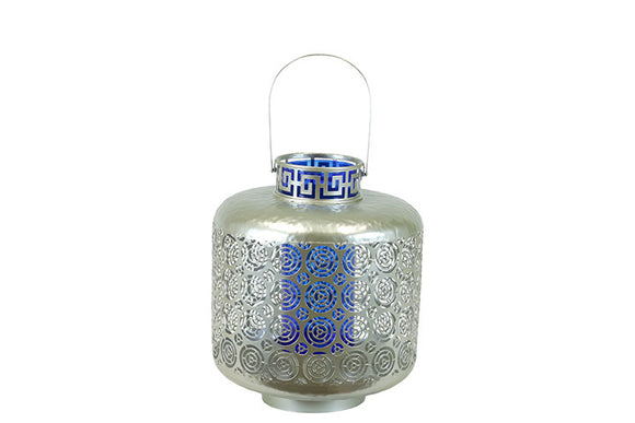 Designed with Exquisite and Beautifully Cut Pattern Metal Lantern with Blue Glass