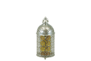 Traditional Persian Style Ethnic Metal Lantern Designed with Beautiful Cut Pattern with Dome Shaped Roof and Amber Glass