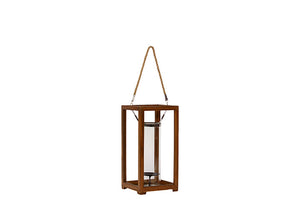 Contemporary Metal and Wood Rectangular Shaped Lantern with Wooden Pillars and Handle (Medium)