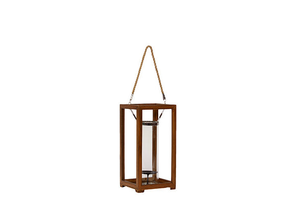 Contemporary Metal and Wood Rectangular Shaped Lantern with Wooden Pillars and Handle (Medium)