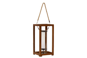 Contemporary Metal and Wood Rectangular Shaped Lantern with Wooden Pillars and Handle (Large)