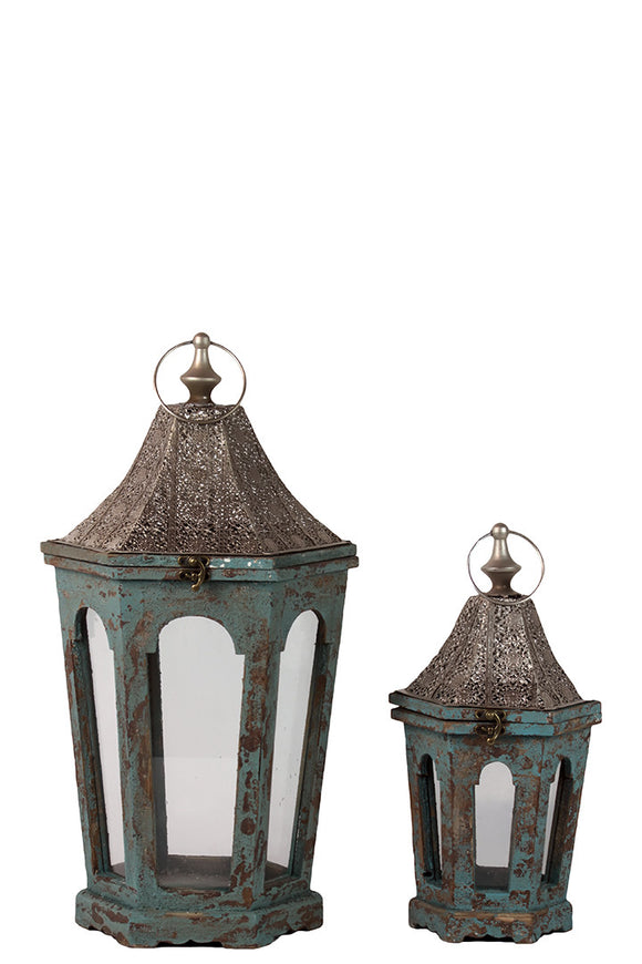 Classic Lamp Post Design Wooden Lantern Set of Two in Antique Blue Finish