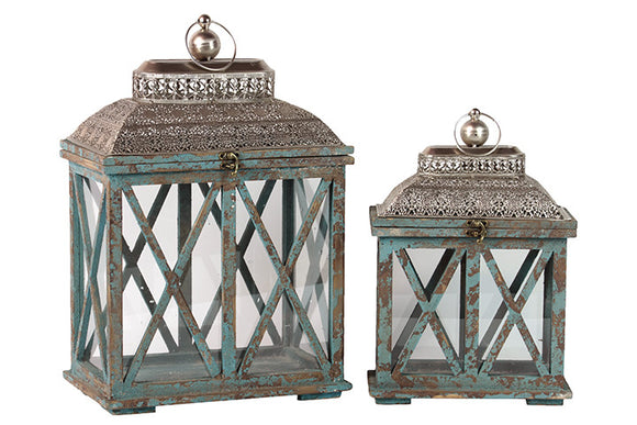 Classic and Traditional Wooden Lantern Set of Two in Antique Blue Finish with Crossed Wooden Panel Design