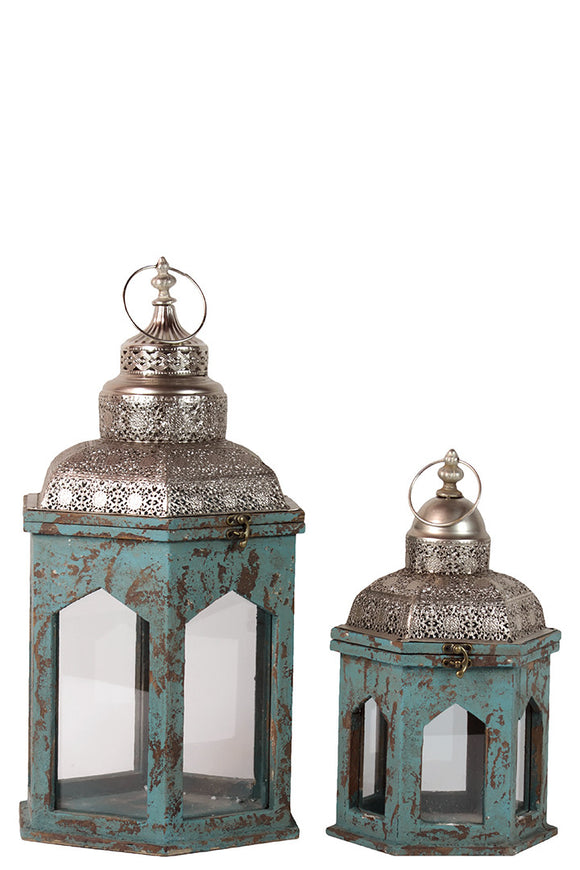 Persian Style Wooden Lantern Set of Two in Antique Blue Finish with Dome Shaped Roofs