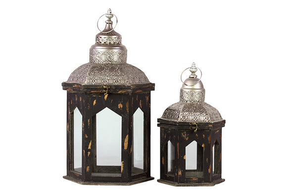 Persian Style Wooden Lantern Set of Two in Antique Black Finish with Dome Shaped Roofs