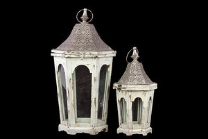 Classic Lamp Post Design Wooden Lantern Set of Two in Antique White Finish