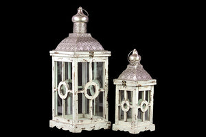 Intricate Lamp Post Design Wooden Lantern Set of Two in Antique White Finish