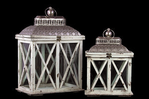 Classic and Traditional Wooden Lantern Set of Two in Antique White Finish with Crossed Wooden Panel Design