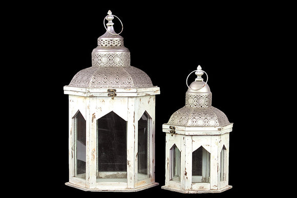 Persian Style Wooden Lantern Set of Two in Antique White Finish with Dome Shaped Roofs