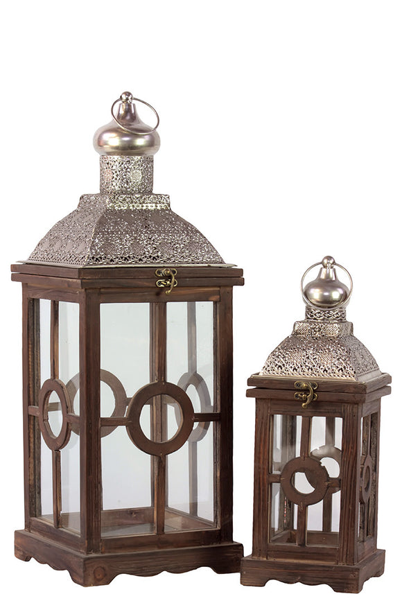 Intricate Lamp Post Design Wooden Lantern Set of Two in Antique Brown Finish