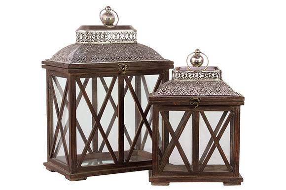 Classic and Traditional Wooden Lantern Set of Two in Antique Brown Finish with Crossed Wooden Panel Design