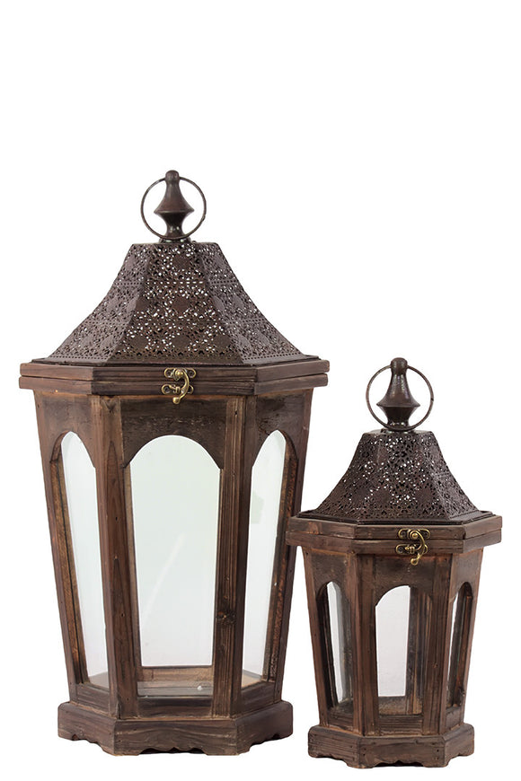 Classic Lamp Post Design Wooden Lantern Set of Two in Rustic Antique Finish