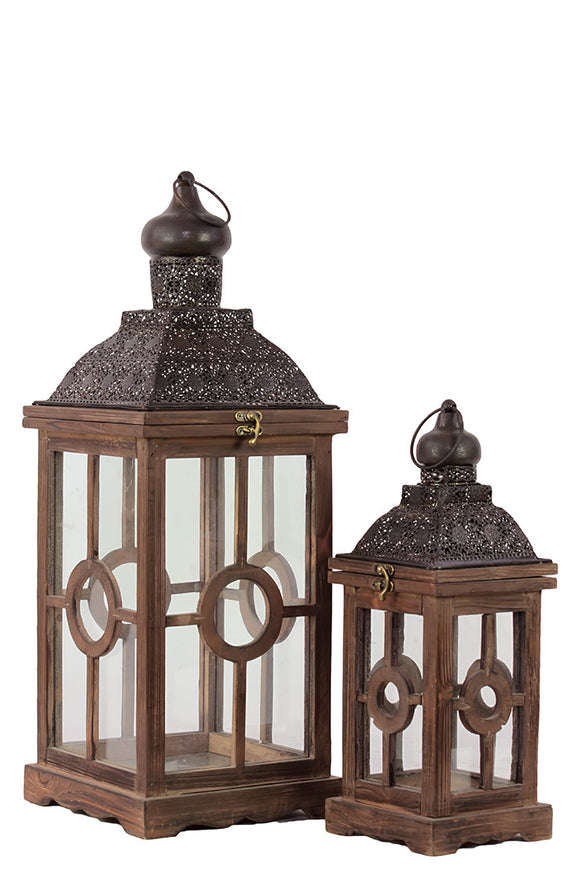 Intricate Lamp Post Design Wooden Lantern Set of Two in Rustic Antique Finish