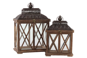 Classic and Traditional Wooden Lantern Set of Two in Rustic Antique Finish with Crossed Wooden Panel Design