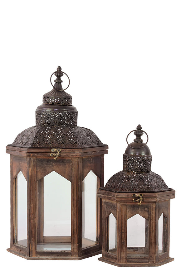 Persian Style Wooden Lantern Set of Two in Antique Brown Finish with Dome Shaped Roofs