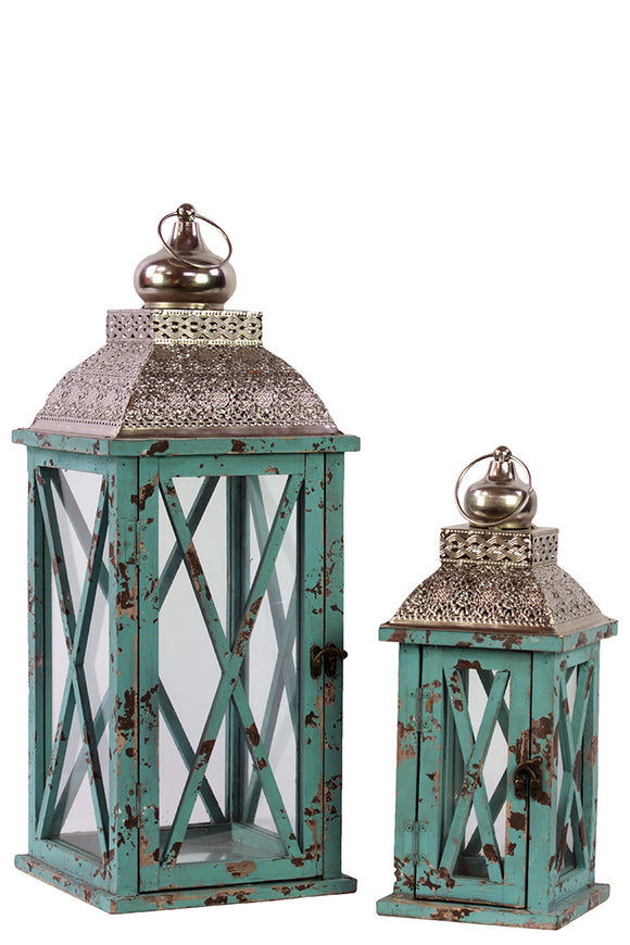 Rustic and Charming Wooden Lantern Set of Two with Metallic Roof in Blue