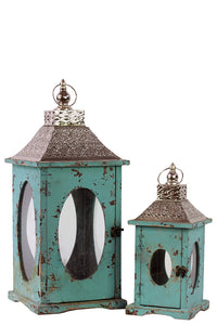 Rustic Wooden Lantern Set of Two with Oval Shaped Glass panel and Metallic Roof in Blue