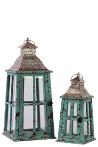 Rustic Glass Paneled Wooden Lantern with Cross Design and Metal Roof Set of Two in Blue