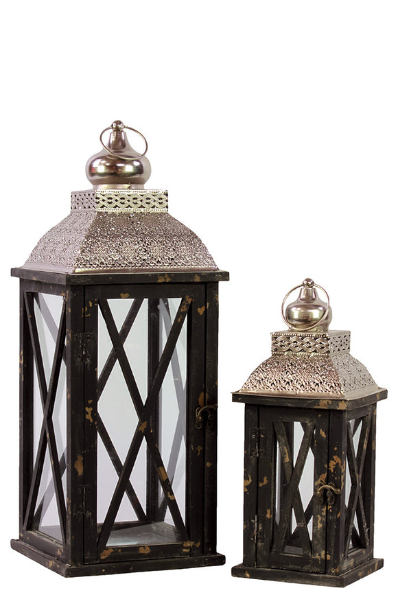 Rustic and Charming Wooden Lantern Set of Two with Metallic Roof in Black