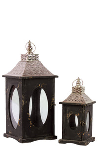 Rustic Wooden Lantern Set of Two with Oval Shaped Glass panel and Metallic Roof in Black