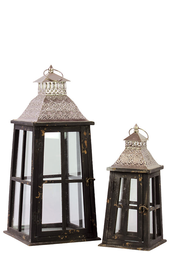 Rustic Glass Paneled Wooden Lantern with Cross Design and Metal Roof Set of Two in Black