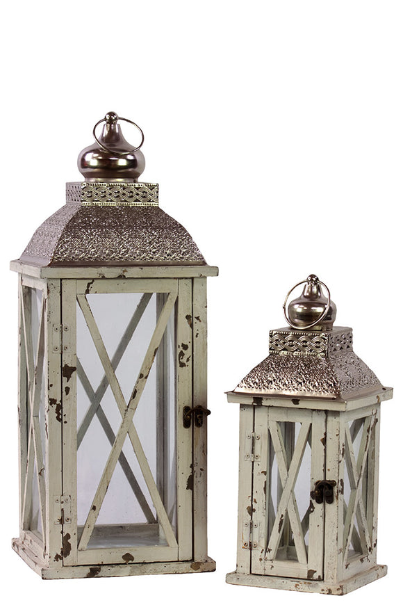 Rustic and Charming Wooden Lantern Set of Two with Metallic Roof in White