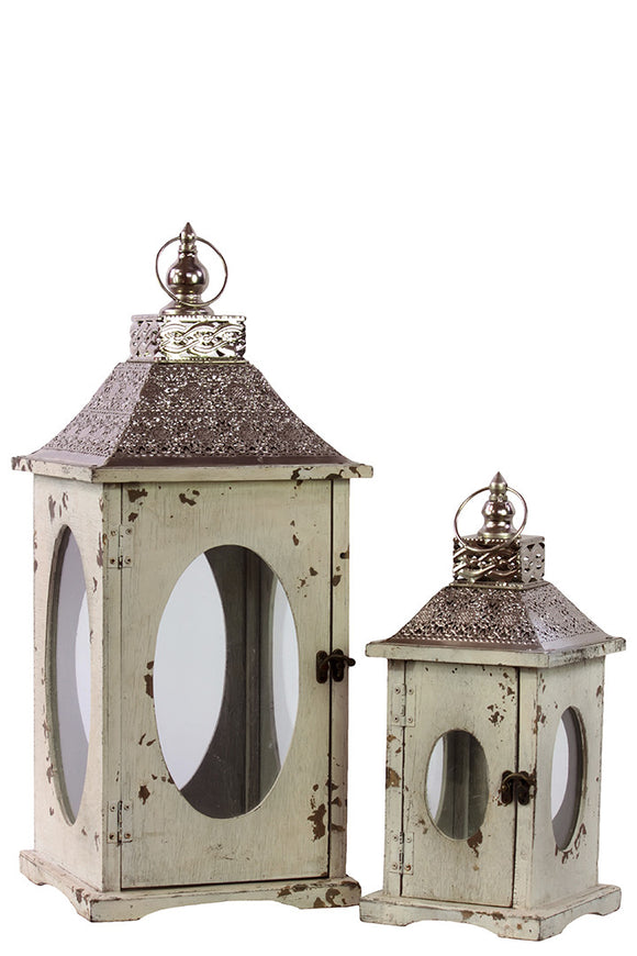 Rustic Wooden Lantern Set of Two with Oval Shaped Glass panel and Metallic Roof in White