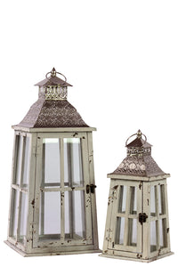 Rustic Glass Paneled Wooden Lantern with Cross Design and Metal Roof Set of Two in White