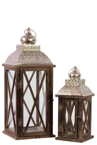 Rustic and Charming Wooden Lantern Set of Two with Metallic Roof in Brown